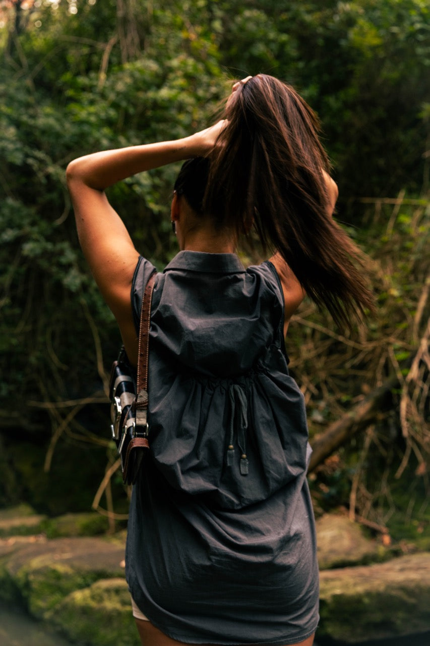 back tie pouch sleeveless shirt